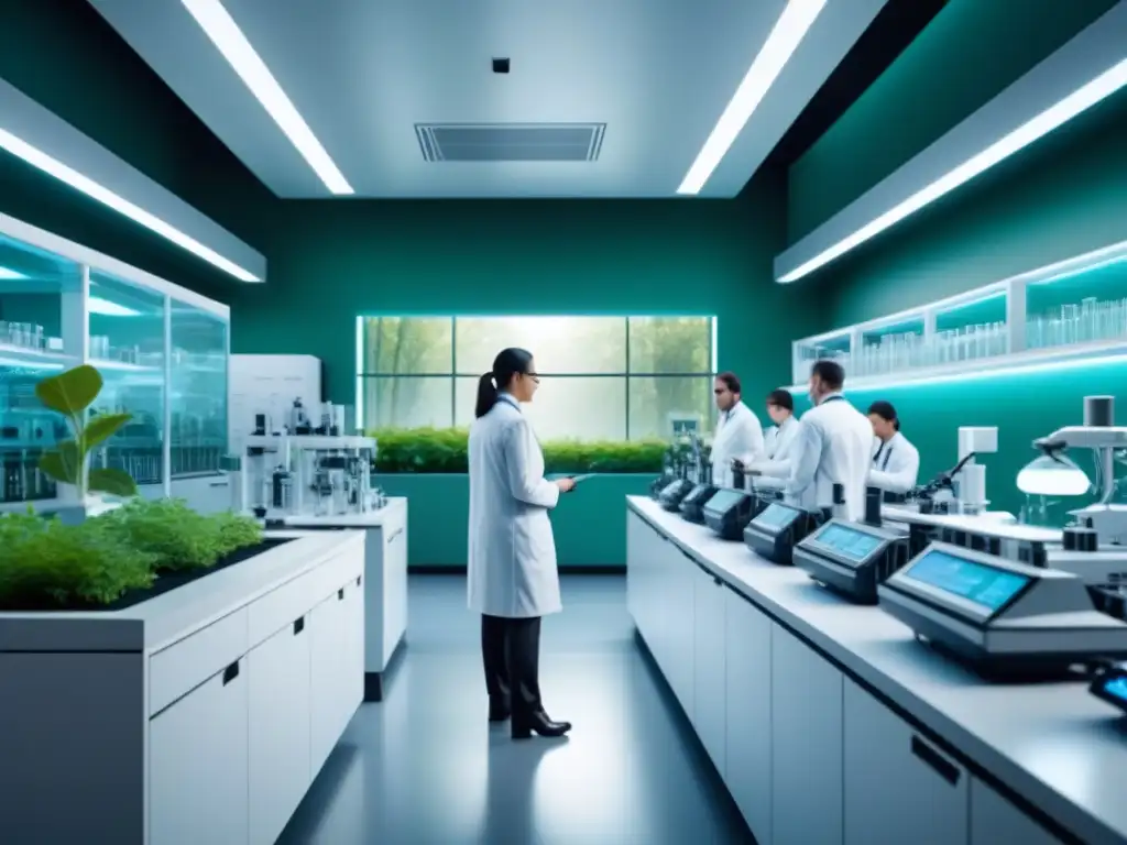 Laboratorio futurista de biotecnología con inversiones sostenibles y actividad científica