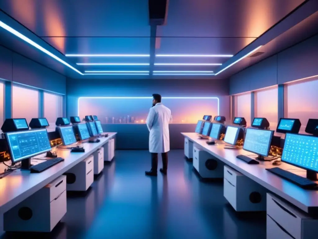 Un laboratorio futurista de biotecnología con realidad aumentada, científicos trabajando, tecnología avanzada y luz azul tenue