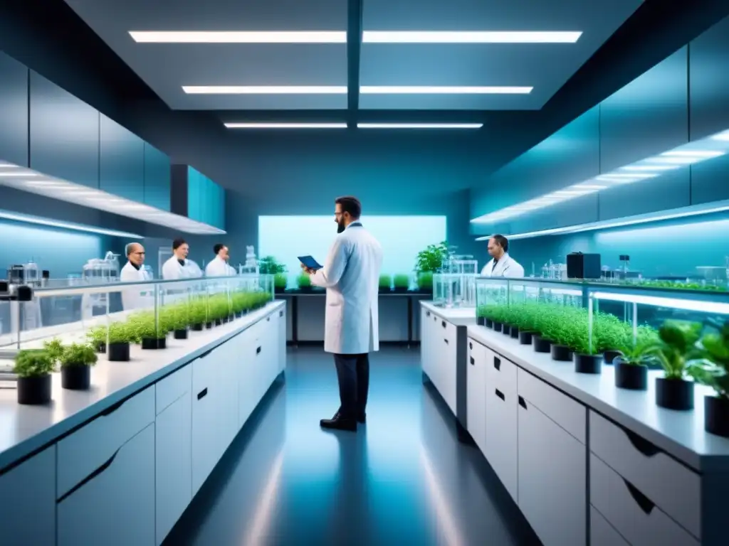 Laboratorio futurista de biotecnología sostenible con tecnología avanzada e integración de vegetación