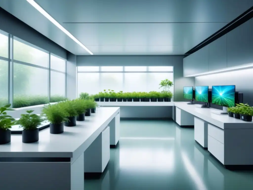 Un laboratorio futurista de biotecnología sostenible con diseño minimalista, tecnología avanzada y plantas verdes