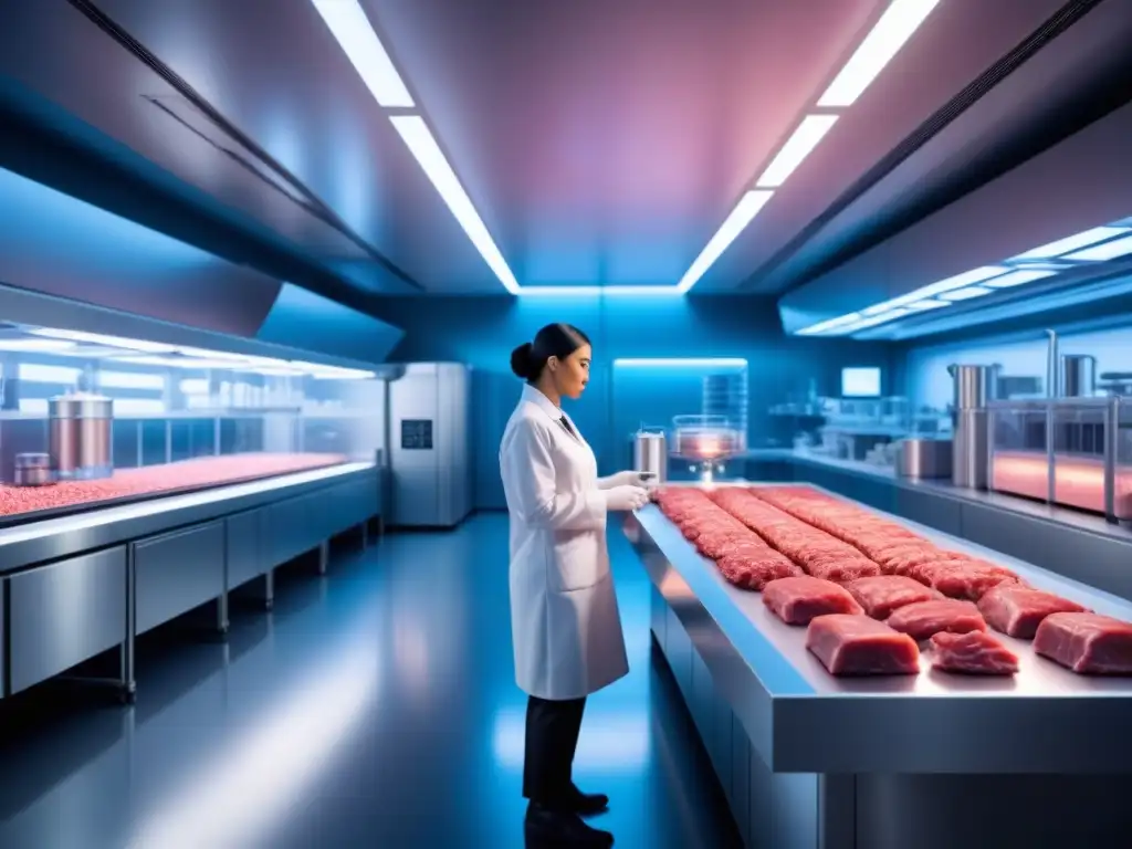 Un laboratorio futurista cultivando carne en bioreactores bajo una luz suave y ambiental