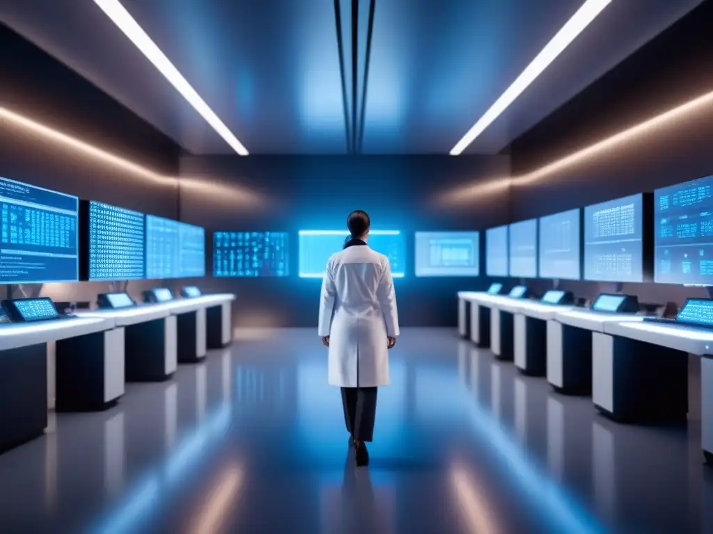 Un laboratorio futurista con científicos e avanzados Avances en bioinformática y supercomputación