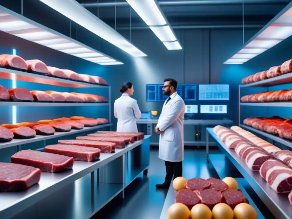 Laboratorio futurista con científicos supervisando bioreactores en la producción de carne sin sacrificio animal