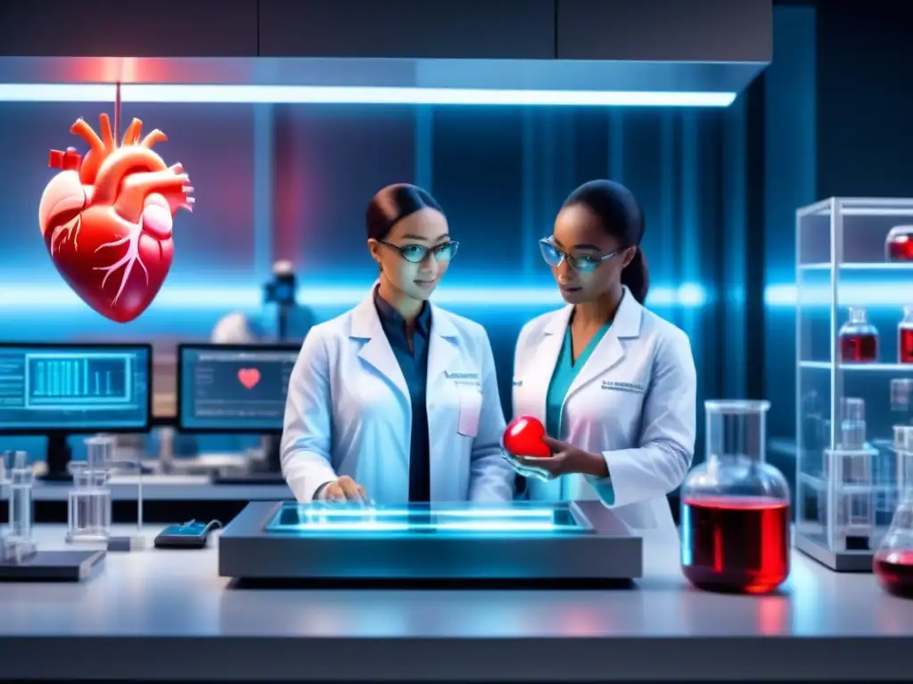 Un laboratorio futurista con científicos y un corazón listo para trasplante