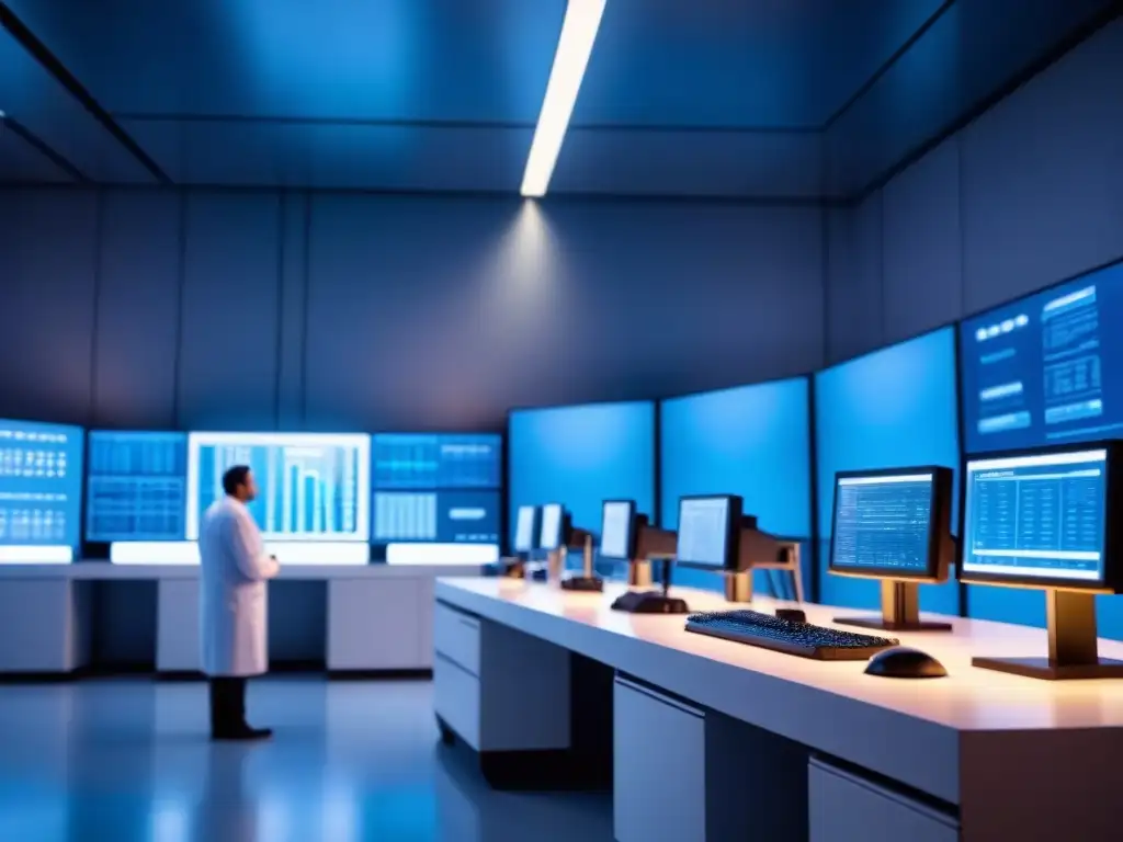 Lab futurista: ciencia de vanguardia en biotecnología Un laboratorio futurista con científicos analizando datos en pantallas brillantes, en ambiente sereno de alta tecnología