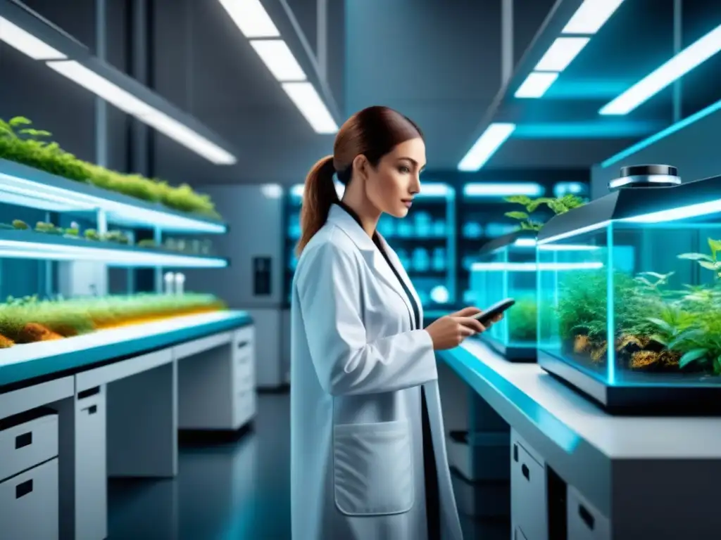 Un laboratorio futurista con científicos, equipo de edición genética y especies en detalle, simbolizando la innovación en conservación de especies