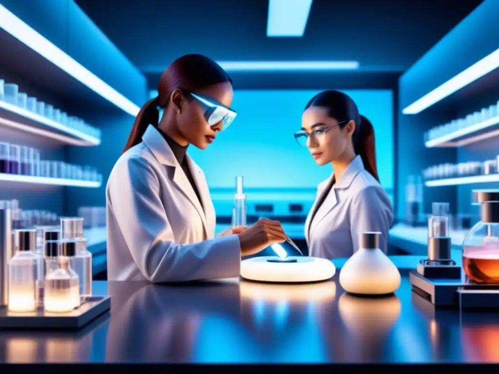 Un laboratorio futurista con científicos colaborando en formulaciones cosméticas sostenibles