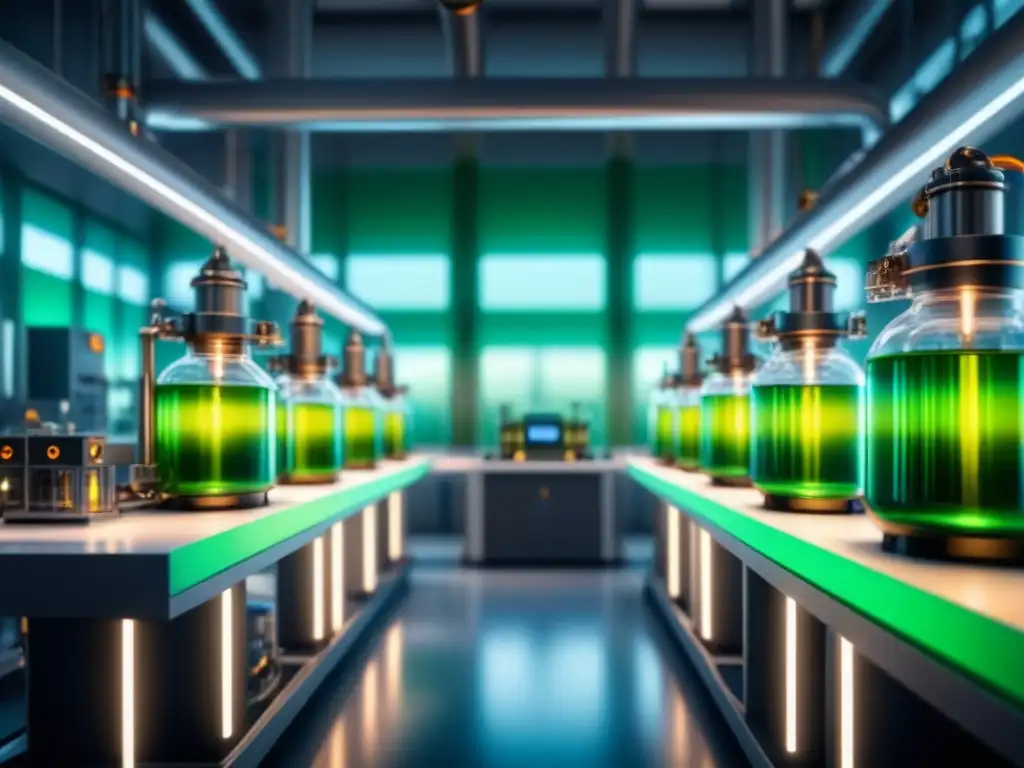 Avanzado laboratorio futuro: Conversión CO2 a biocombustibles Un laboratorio futurista convierte CO2 en biocombustibles