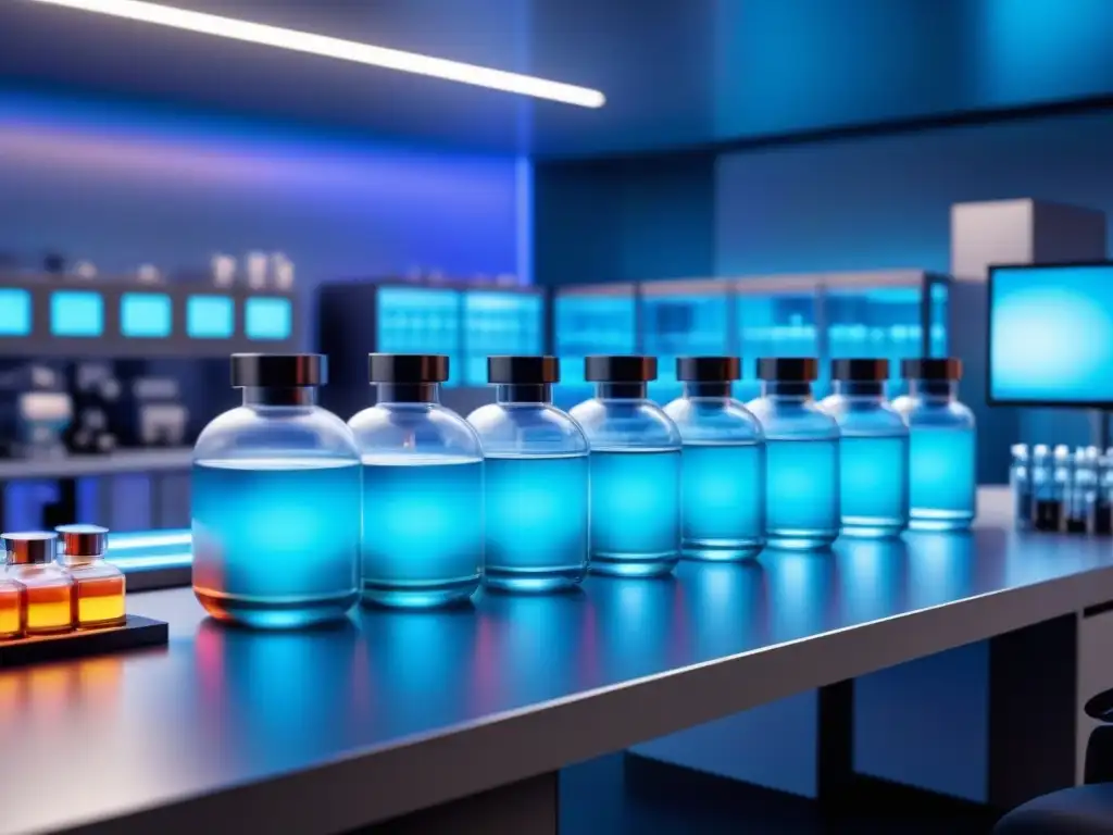 Un laboratorio futurista con innovación en ingeniería genética cosmética, equipado con tecnología de vanguardia en tonos azules