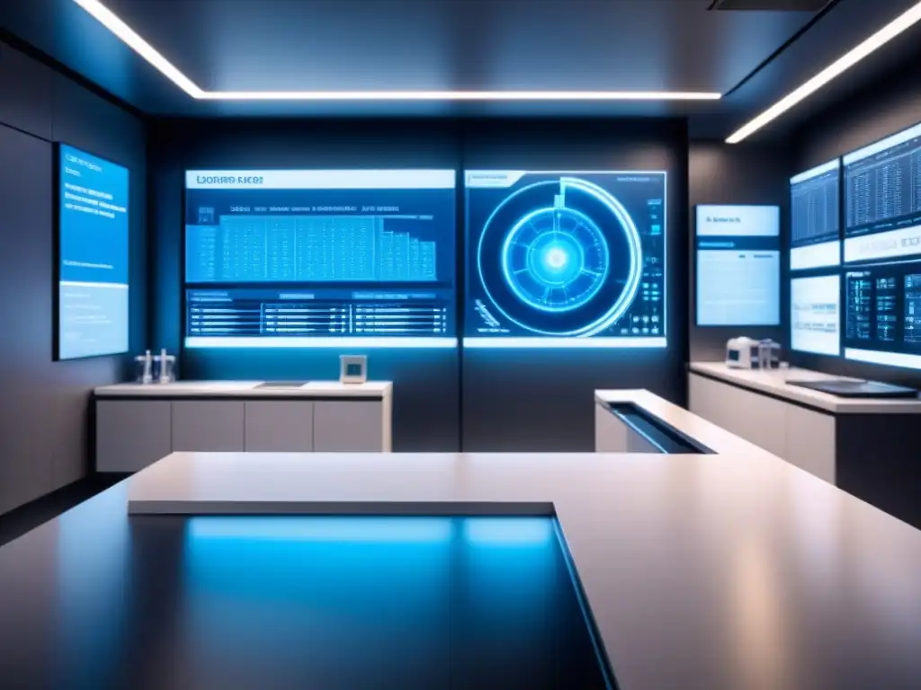 Laboratorio futurista: Equipamiento biotecnológico de vanguardia Un laboratorio futurista con diseño minimalista muestra equipos biotecnológicos avanzados