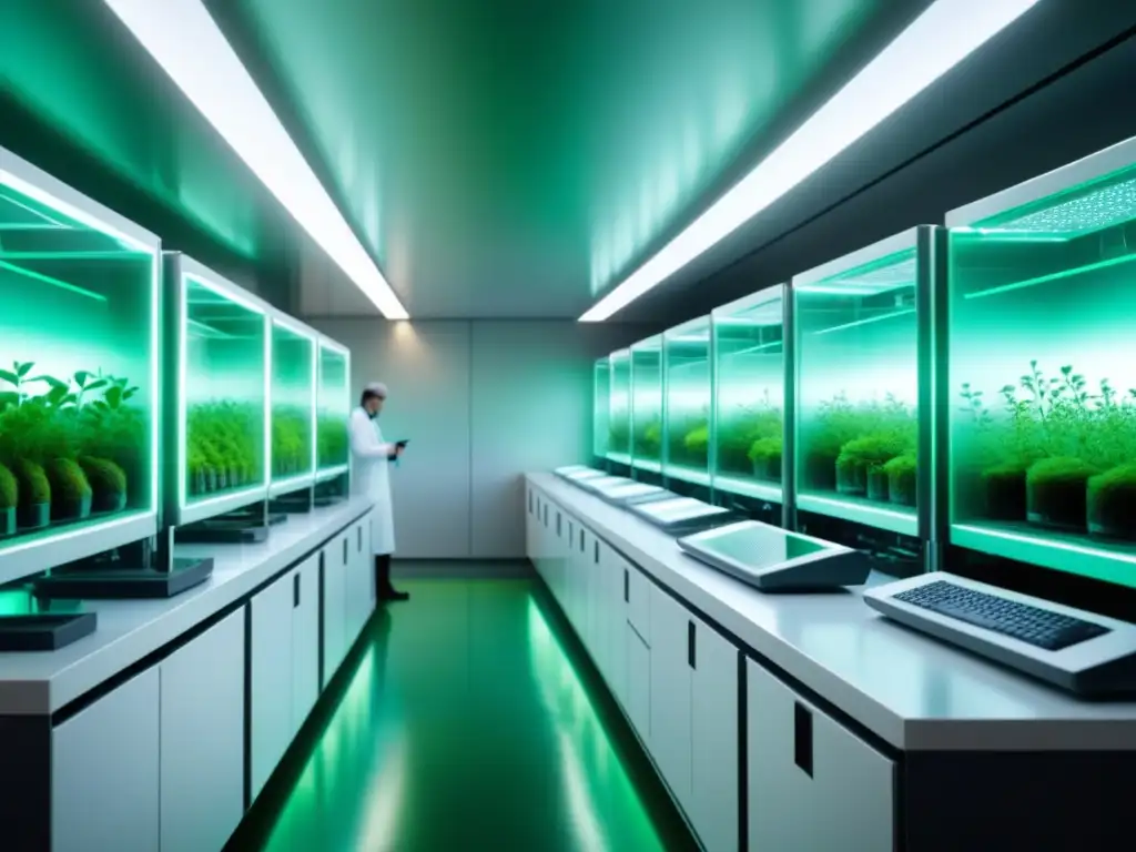 Un laboratorio futurista con diseño minimalista y avanzados biorreactores procesando algas verdes para biocombustibles