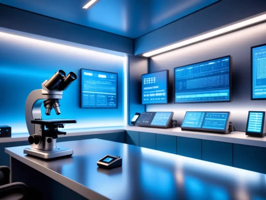 Un laboratorio futurista con equipamiento plateado y pantallas brillantes, bañado en luz azul