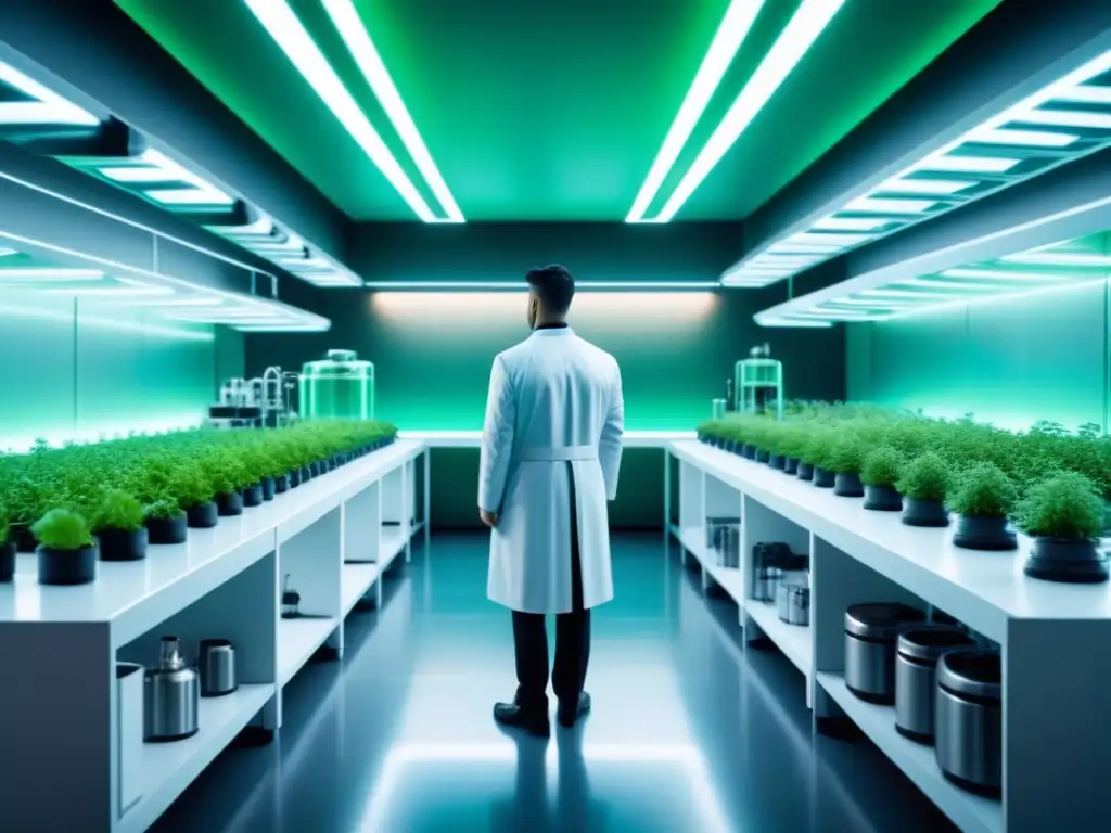 Un laboratorio futurista con equipo biotecnológico de alta tecnología e plantas bioluminiscentes verdes