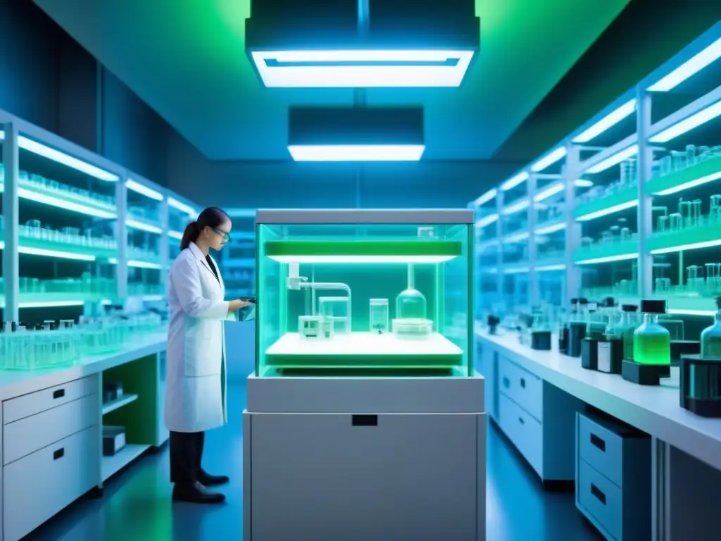 Un laboratorio futurista iluminado en azul, con organismo sintético brillante y científicos analizando