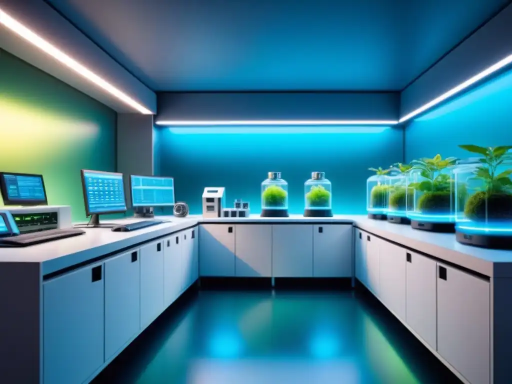 Un laboratorio futurista de biología sintética para la industria con equipos avanzados y diseño moderno iluminado en tonos azules y verdes