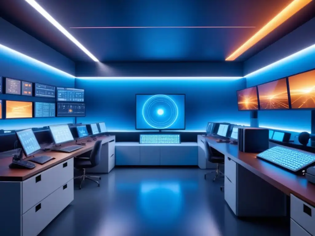 Un laboratorio futurista con Inteligencia Artificial en nuevos materiales, iluminado en azul