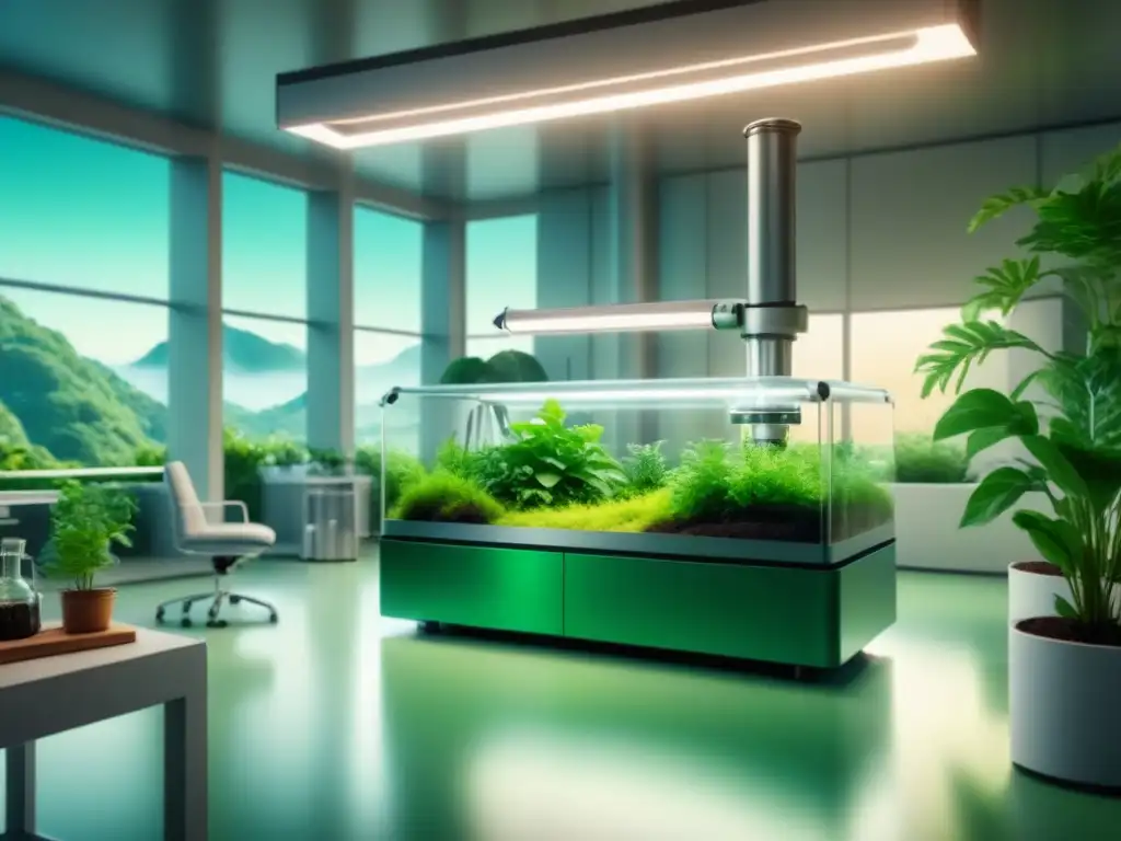 Laboratorio futurista con robots AI y químicos verdes Un laboratorio futurista con inteligencia artificial realizando experimentos de producción química sostenible