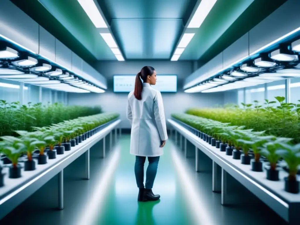 Un laboratorio futurista y limpio con un bioreactor moderno lleno de plantas verdes, simbolizando la producción químicos sostenibles biotecnología