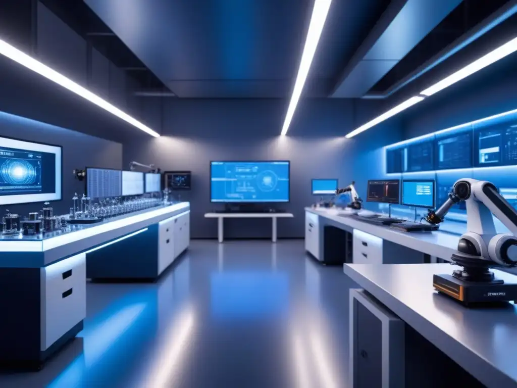 Un laboratorio futurista con maquinaria avanzada y brazos robóticos creando materiales innovadores bajo una luz azul suave
