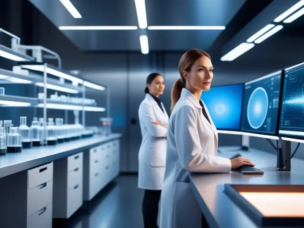 Un laboratorio futurista para la biofabricación de materiales sostenibles con científicos trabajando en bioprinters