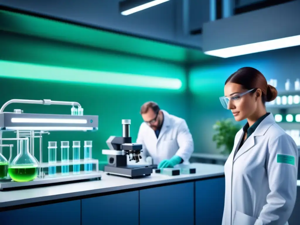 Un laboratorio futurista de biofabricación de materiales sostenibles con maquinaria avanzada y científicos monitoreando el proceso