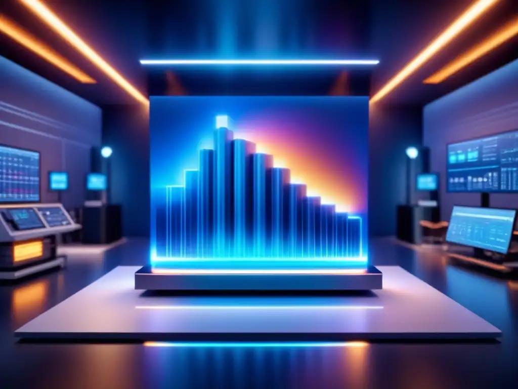 Un laboratorio futurista con metales superconductores brillantes en azul rodeados de gráficos de eficiencia energética