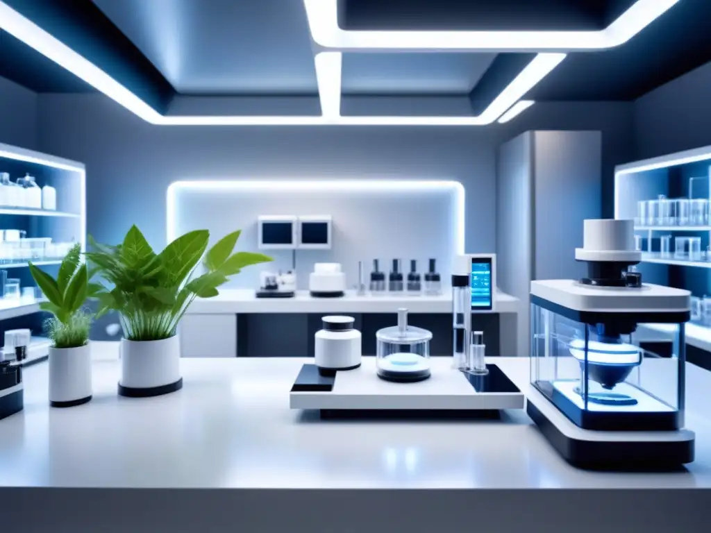 Un laboratorio futurista y minimalista para bioingeniería en cosmética sostenible, con tecnología avanzada y ambiente sofisticado