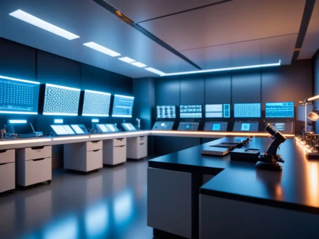 Lab de Nanotecnología: Tecnología Futurista en 8k Un laboratorio futurista de nanotecnología en materiales fotónicos con equipamiento de alta tecnología y una atmósfera iluminada y precisa