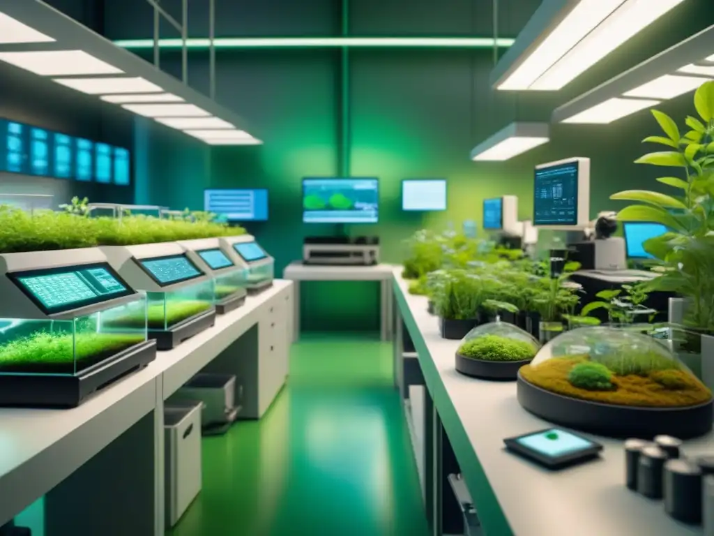 Un laboratorio futurista con Organismos sintéticos biorremediación avanzada limpiando un ecosistema verde