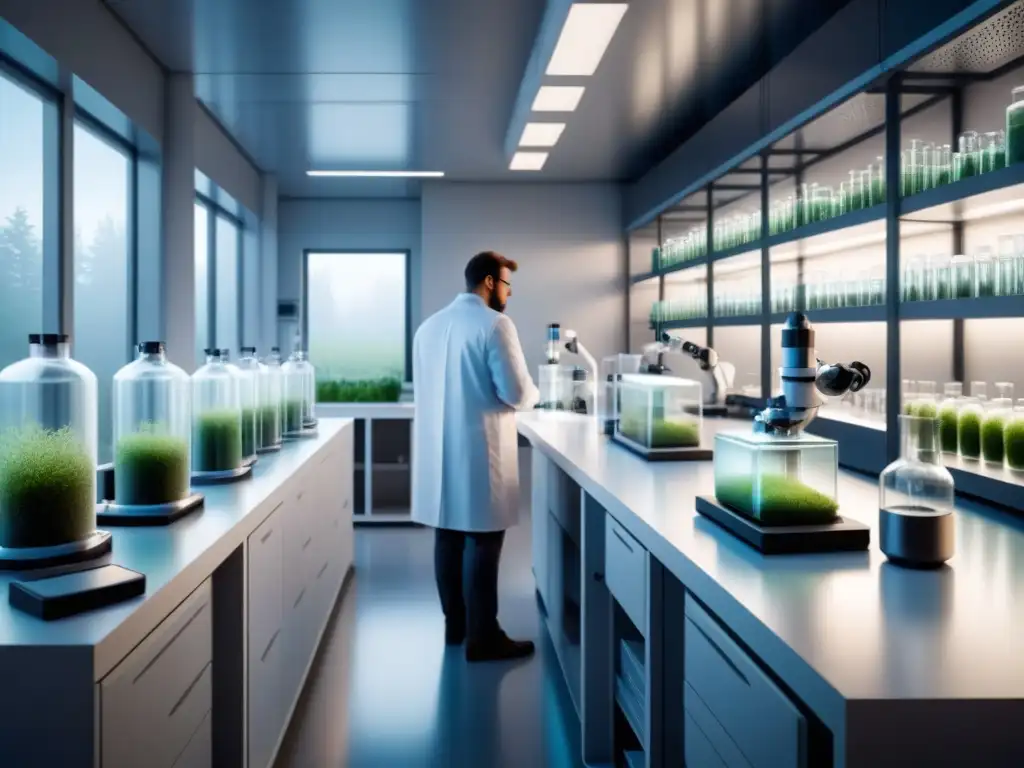 Un laboratorio de biofabricación futurista con profesionales creando materiales sostenibles