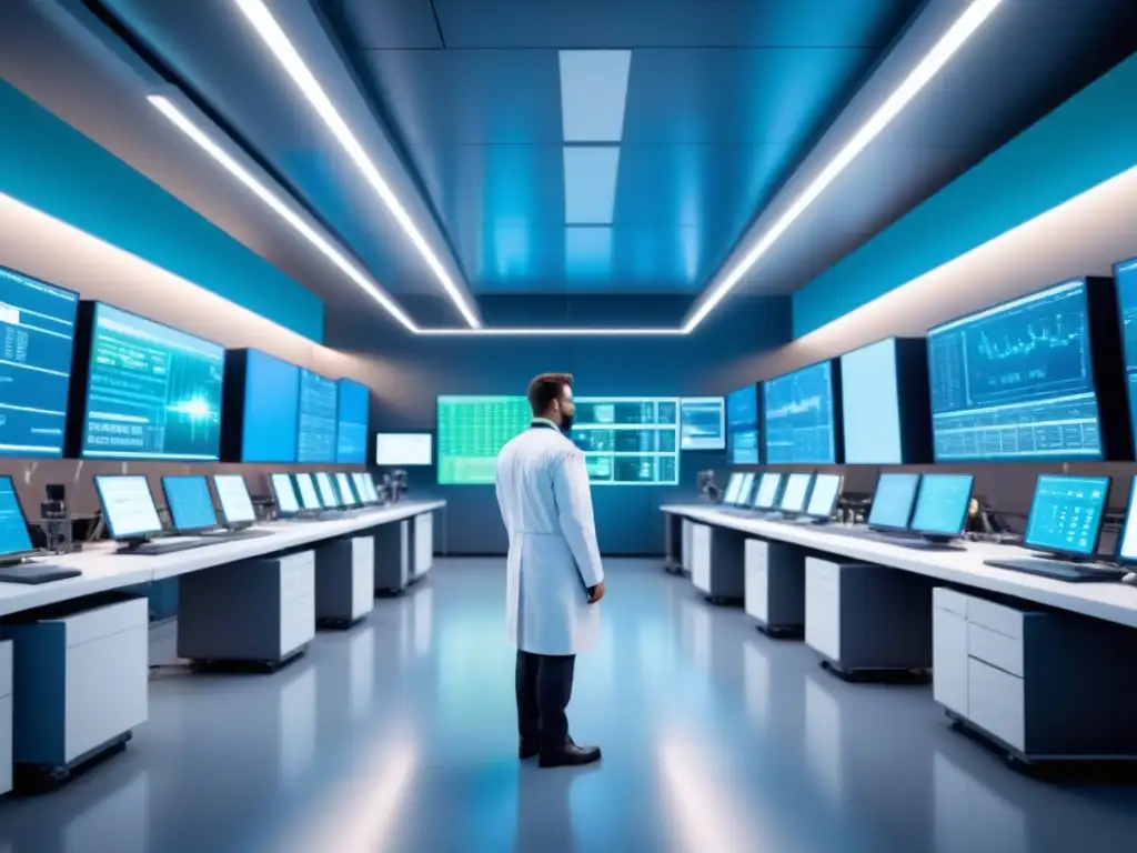 Un laboratorio futurista con robots de IA y científicos en batas blancas, rodeados de equipos biotecnológicos y pantallas digitales brillantes