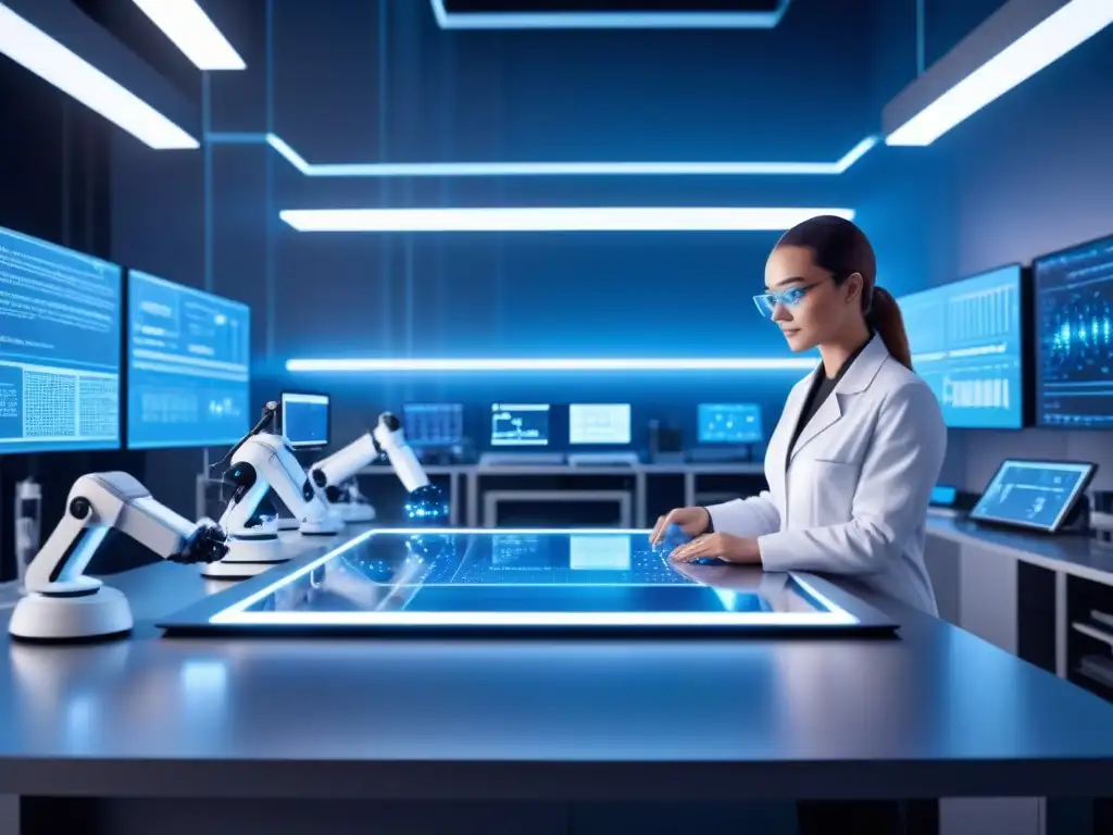 Un laboratorio futurista con robots de IA creando nuevos materiales