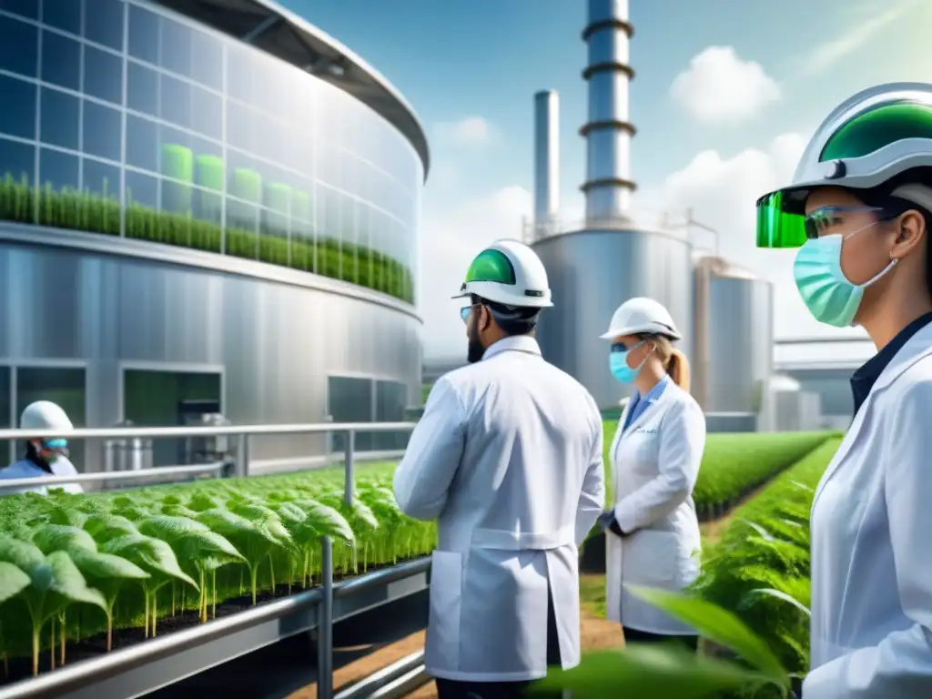 Un laboratorio futurista de biorefinería sostenible, con arquitectura moderna y tecnologías verdes