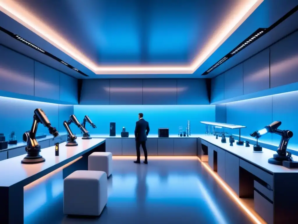 Laboratorio futurista de alta tecnología con brazos robóticos AI en 8k Un laboratorio futurista con producción químicos sostenibles, inteligencia artificial y ambiente sofisticado