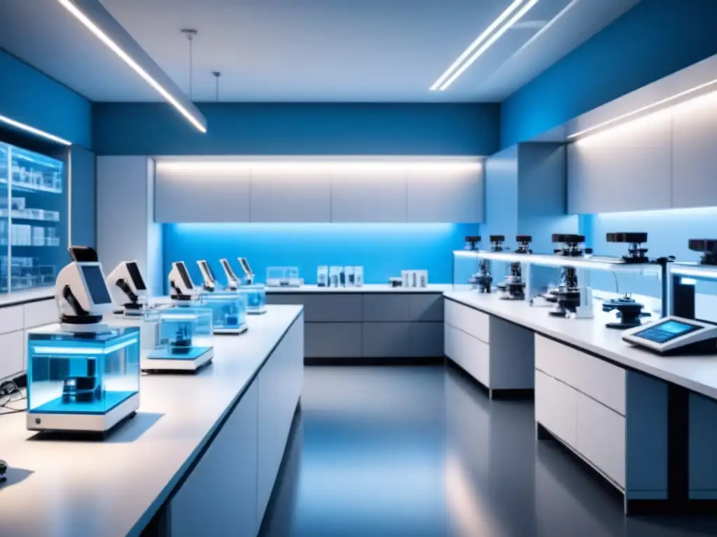 Un laboratorio futurista con tecnología avanzada, en azules y blancos