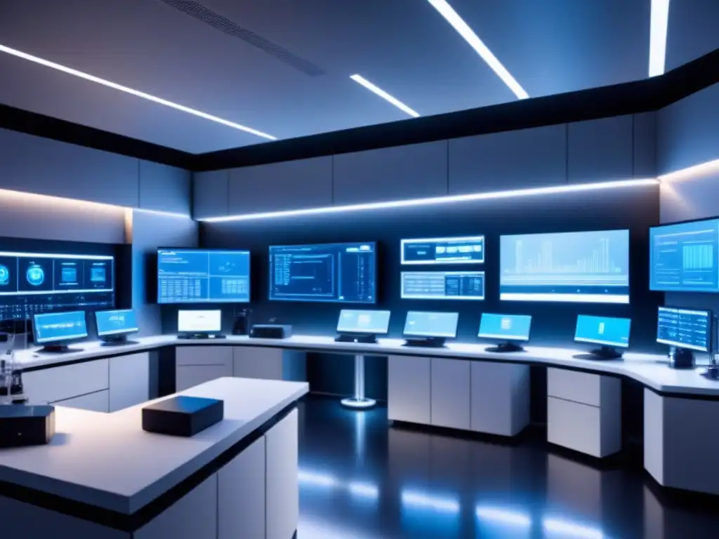 Laboratorio futurista con tecnología avanzada y diseño minimalista, destacando la importancia de las patentes en la innovación tecnológica