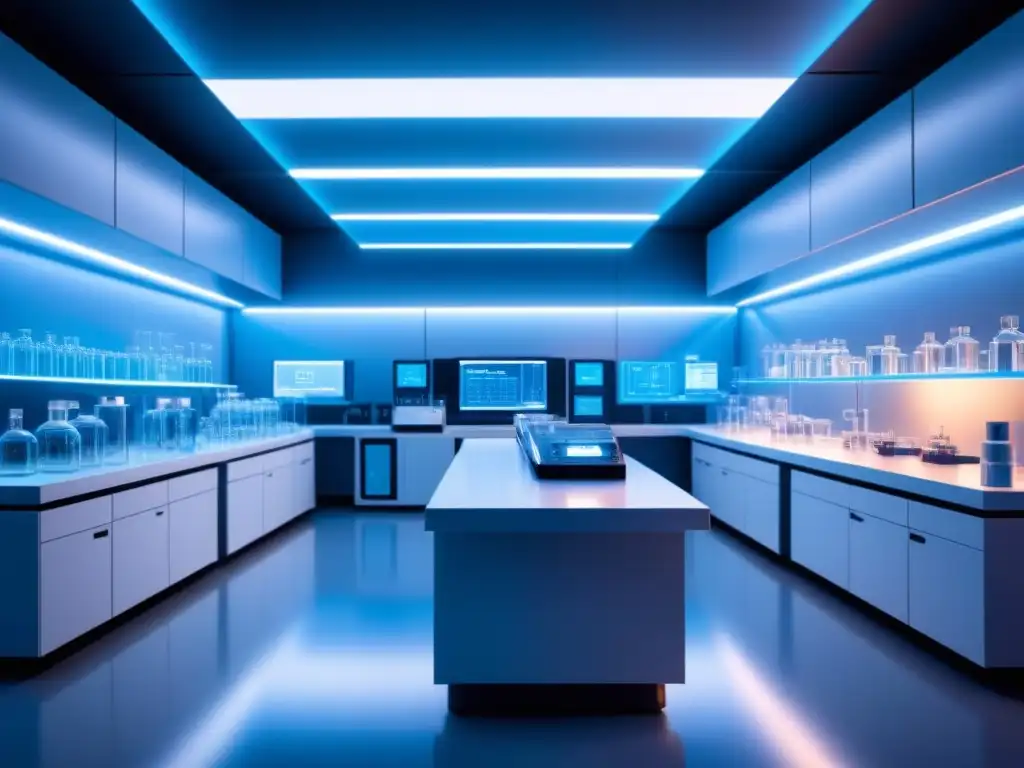 Un laboratorio futurista con tecnología avanzada y nuevas clases de antibióticos en desarrollo, bañado en luz azul