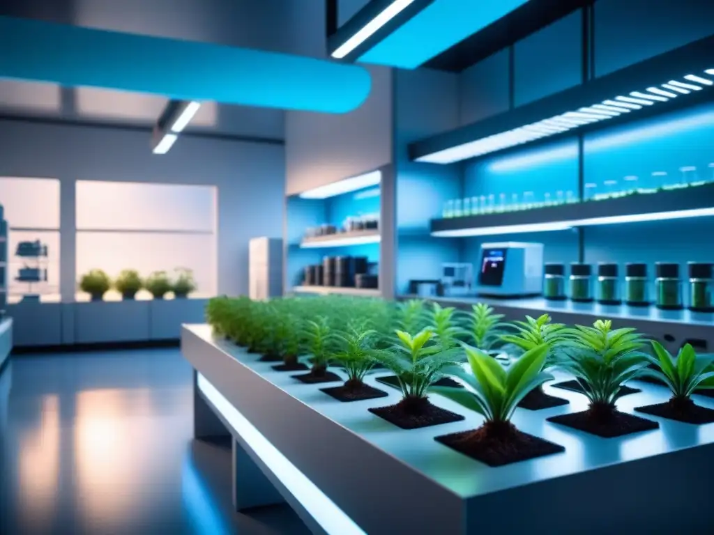 Un laboratorio futurista con tecnología avanzada de biotecnología, iluminado por un suave resplandor azul