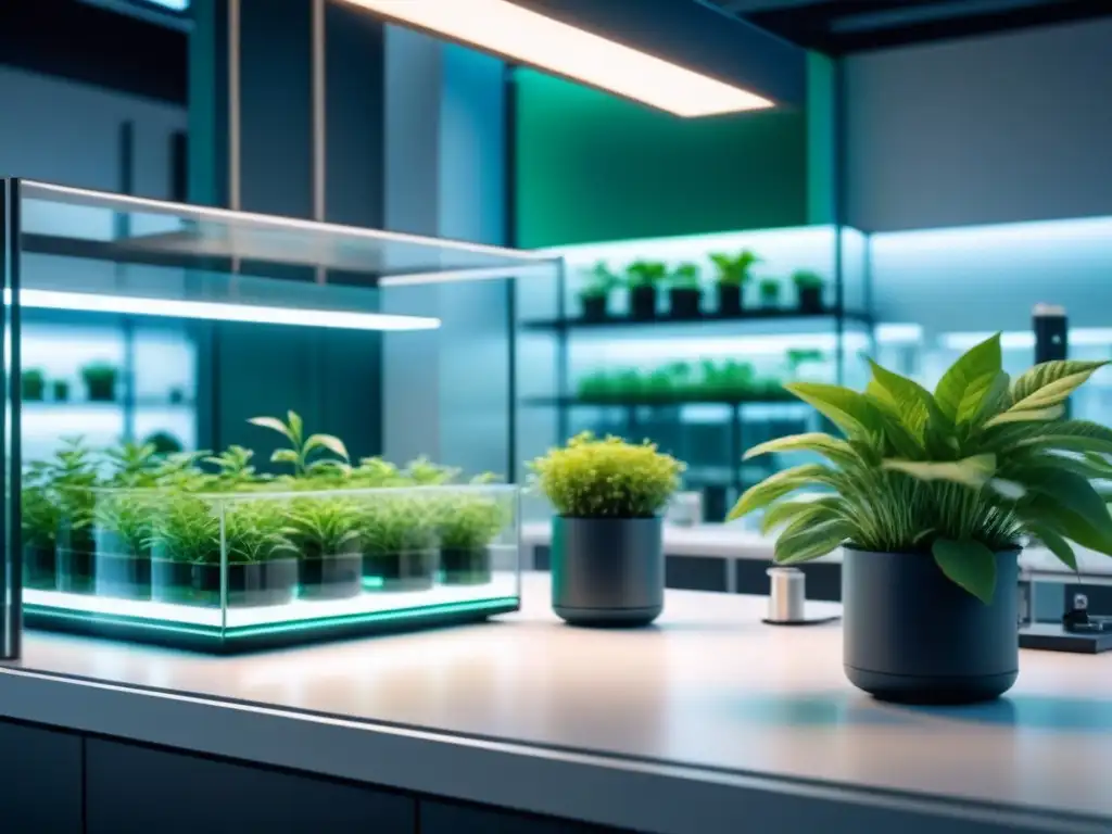 Un laboratorio futurista con tecnología biotecnológica y una planta verde vibrante cultivada, mostrando inversiones en biotecnología sostenible