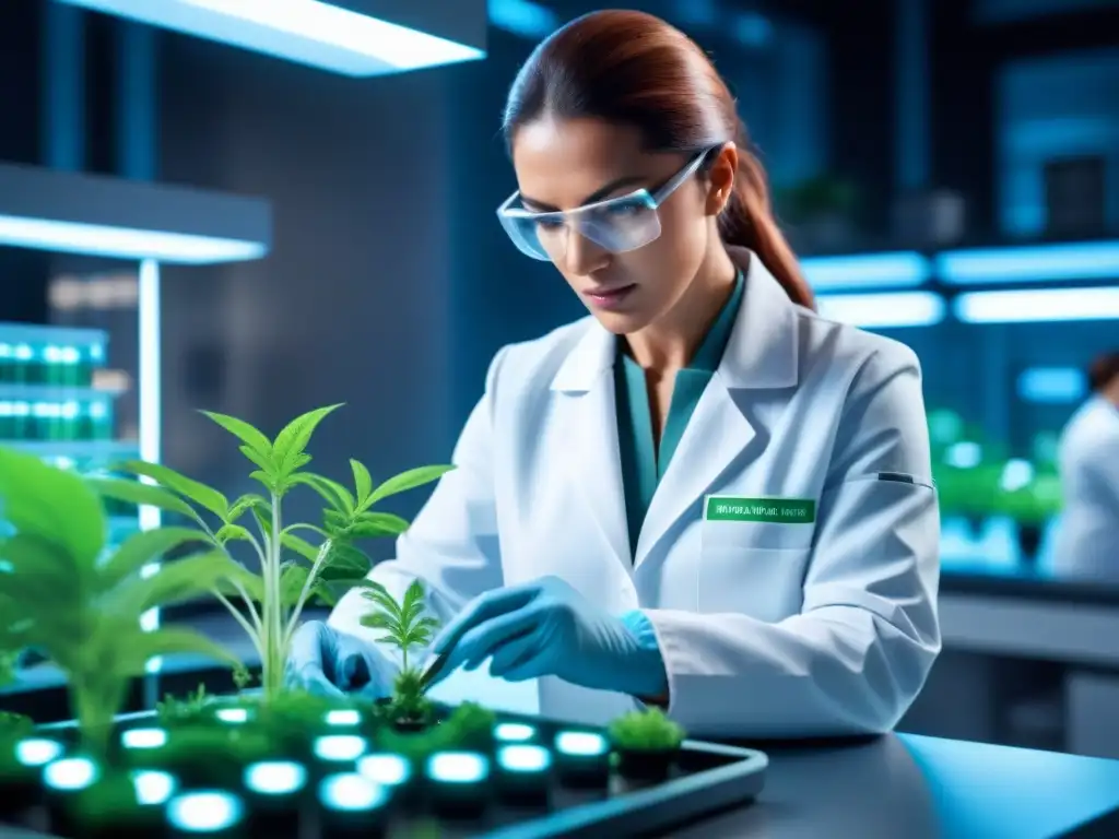 Un laboratorio futurista con tecnología CRISPR editando genes de plantas