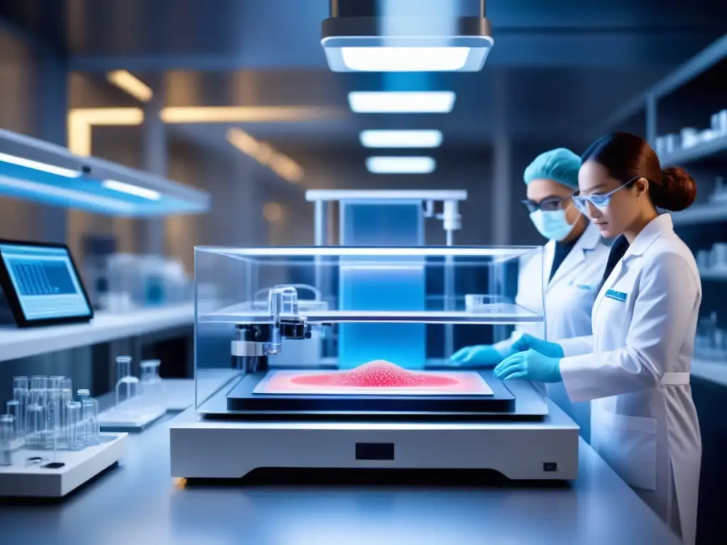 Avanzada biotecnología: Impresión 3D de órganos en laboratorio futurista Un laboratorio futurista muestra la Bioimpresión de órganos en acción, con tecnología de vanguardia y equipo científico enfocado en el proceso
