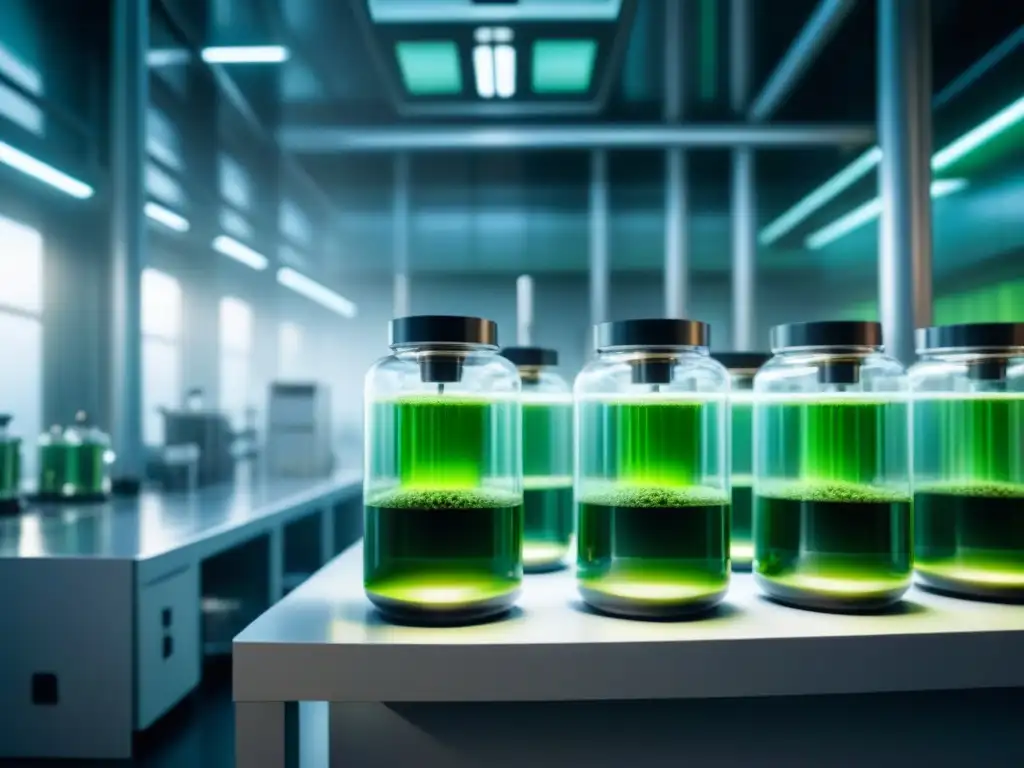 Bioreactor de última generación en laboratorio futurista Un laboratorio futurista con tecnologías biocombustibles tercera generación y cultivo de algas vibrantes en un biorreactor transparente