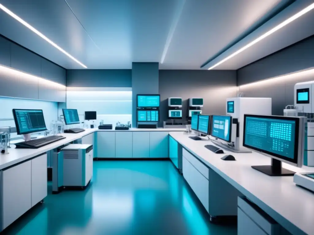 Un laboratorio futurista con tecnologías de secuenciación en bioprocesamiento en blanco, plata y toques de verde