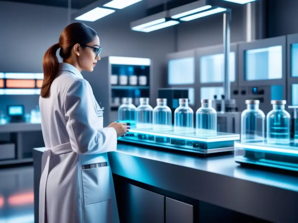 Lab de bioingeniería con órganos bioprintados Investigación científica en un laboratorio futurista con testeo de fármacos en órganos bioingenierizados