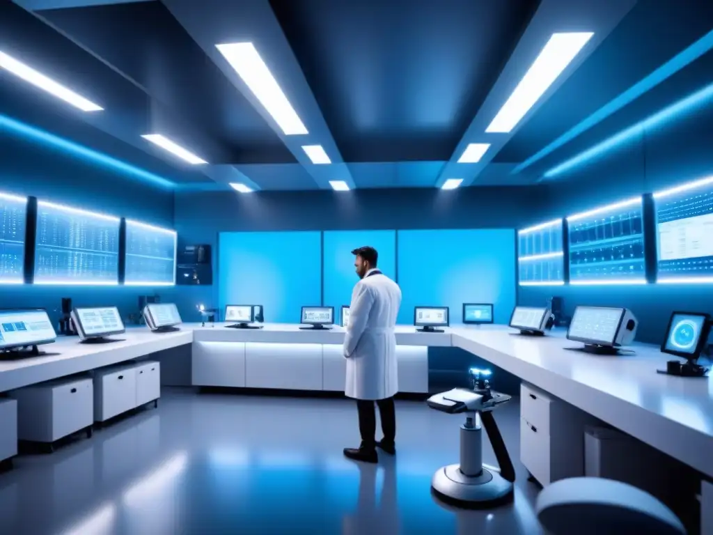 Un laboratorio futurista con IA desarrollando vacunas, iluminado con luces azules