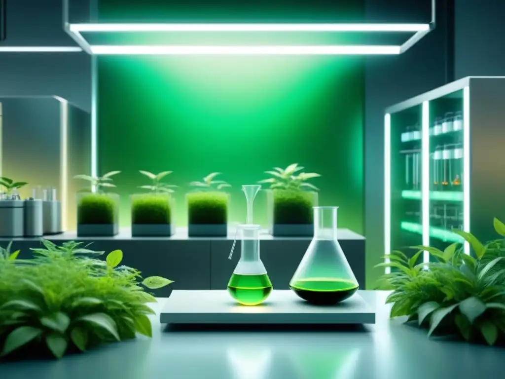 Un laboratorio futurista de química verde con biocatalizadores en acción, fusionando tecnología y naturaleza