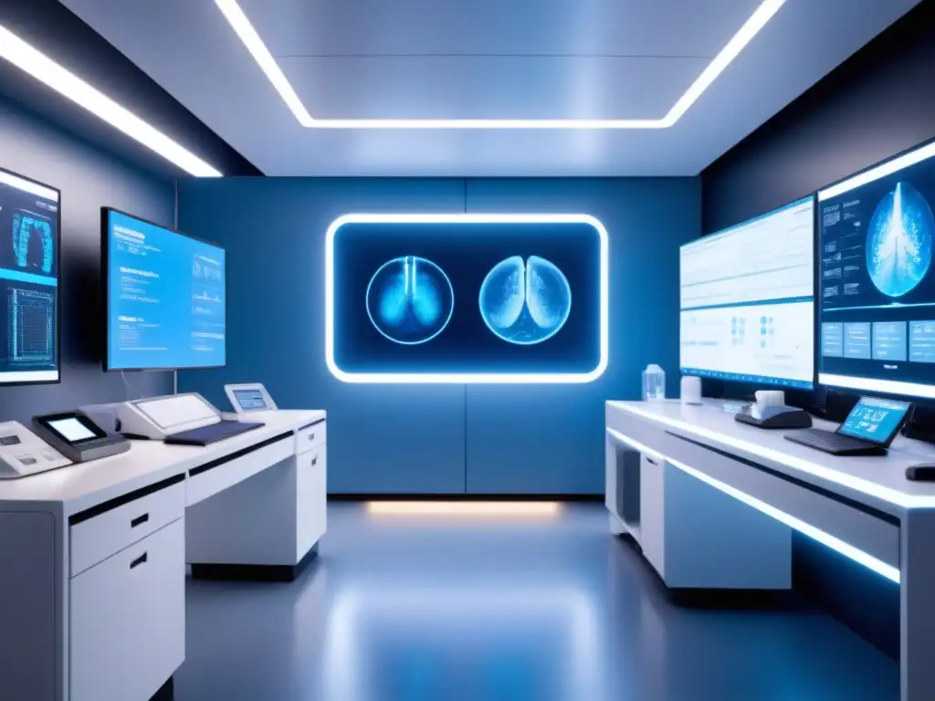 Un laboratorio médico futurista con IA en diagnósticos médicos precisos, tecnología avanzada y precisión en azul suave