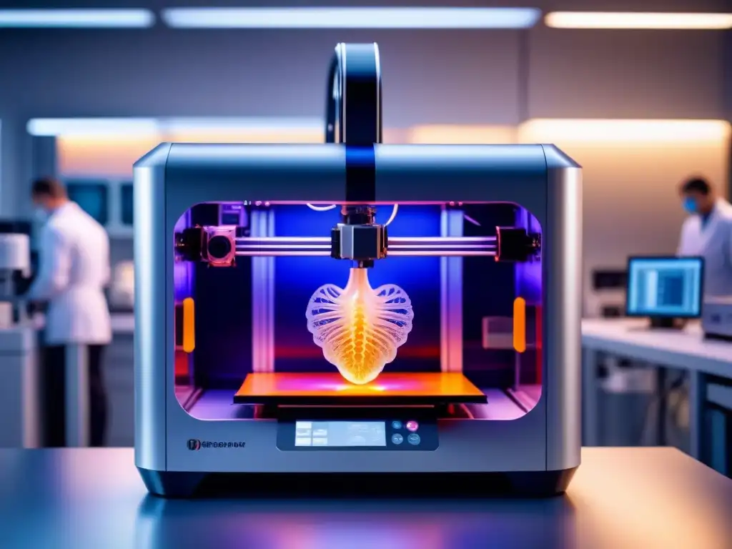 Un laboratorio médico impecable muestra una impresora 3D futurista creando un implante metálico