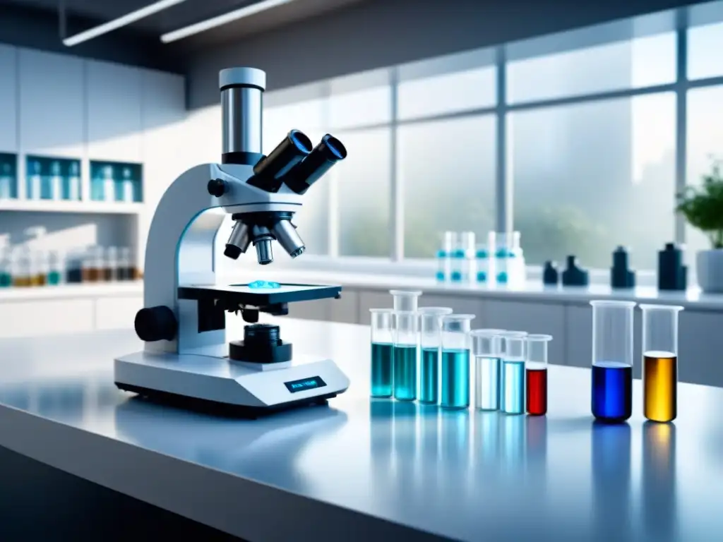 Un laboratorio minimalista de alta tecnología con equipo biotecnológico, iluminado por luz natural