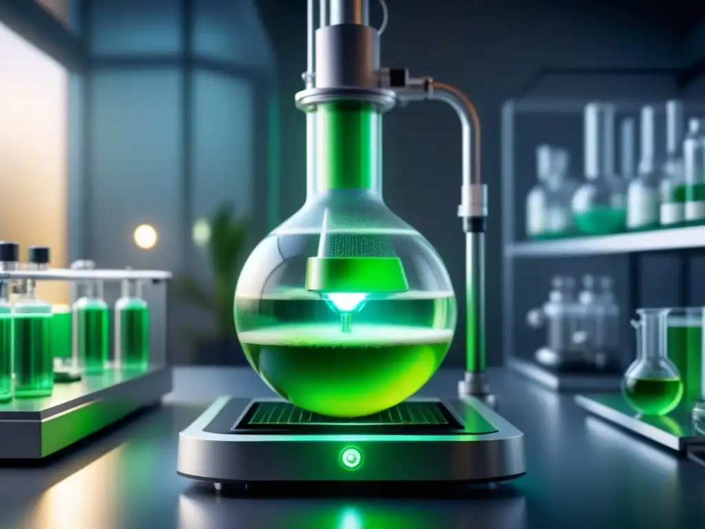 Un laboratorio moderno con un bioreactor lleno de líquido verde vibrante